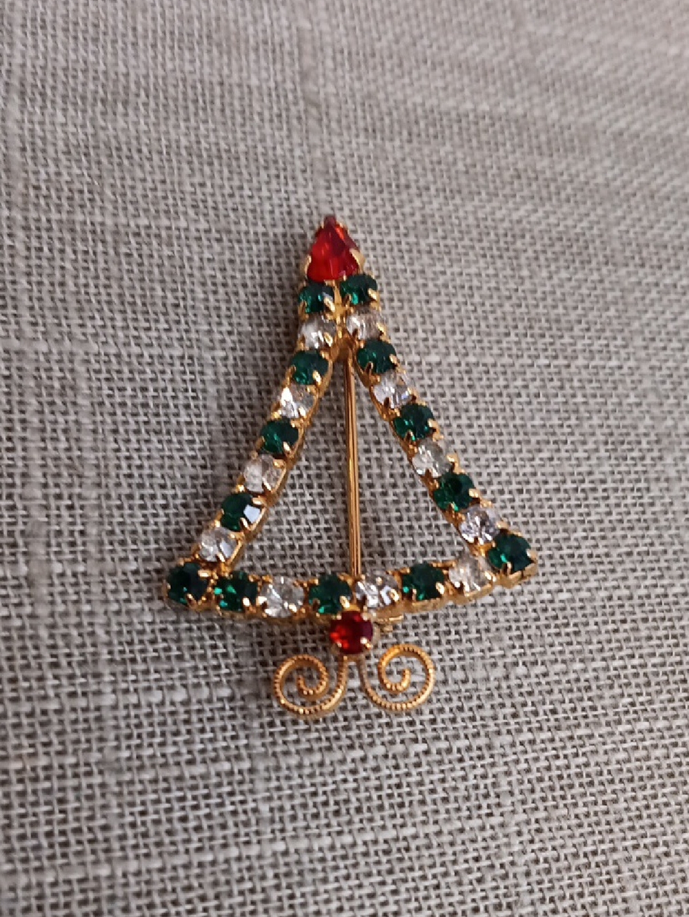 Vintage Gold-Tone Christmas Tree Brooch with Green, Clear & Red Stones